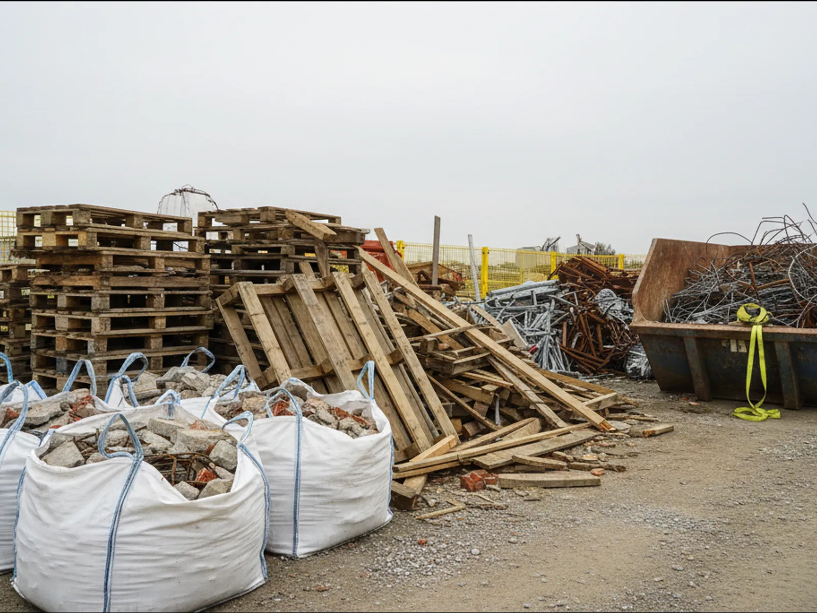 Sacs de gravats, bois et métaux triés avant chargement dans une benne
