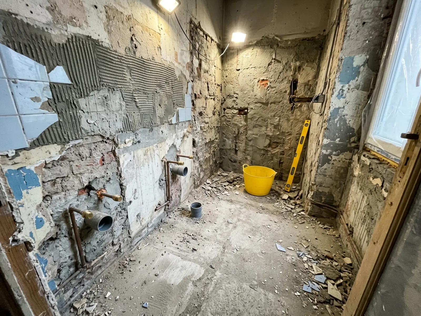 Salle de bains déposée avec arrivées d’eau obturées et murs remis à brut