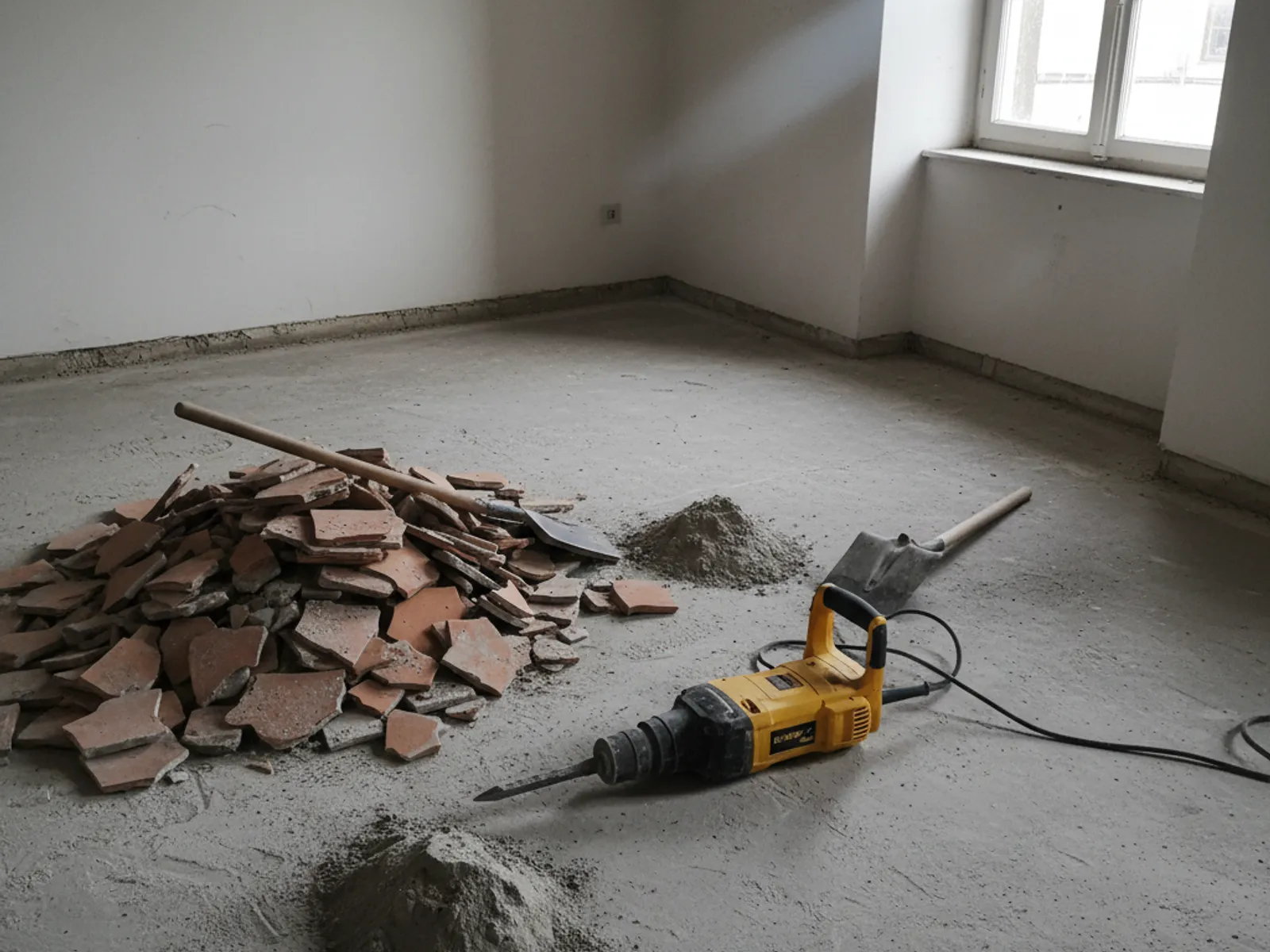 Dépose de carrelage au burineur laissant apparaître la dalle béton